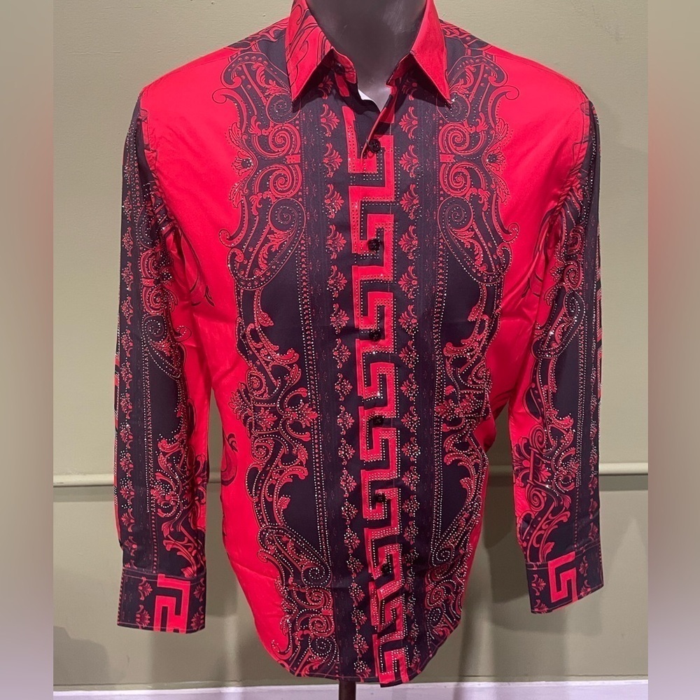 Deniko shirt button front red floral rhinestone regular fit